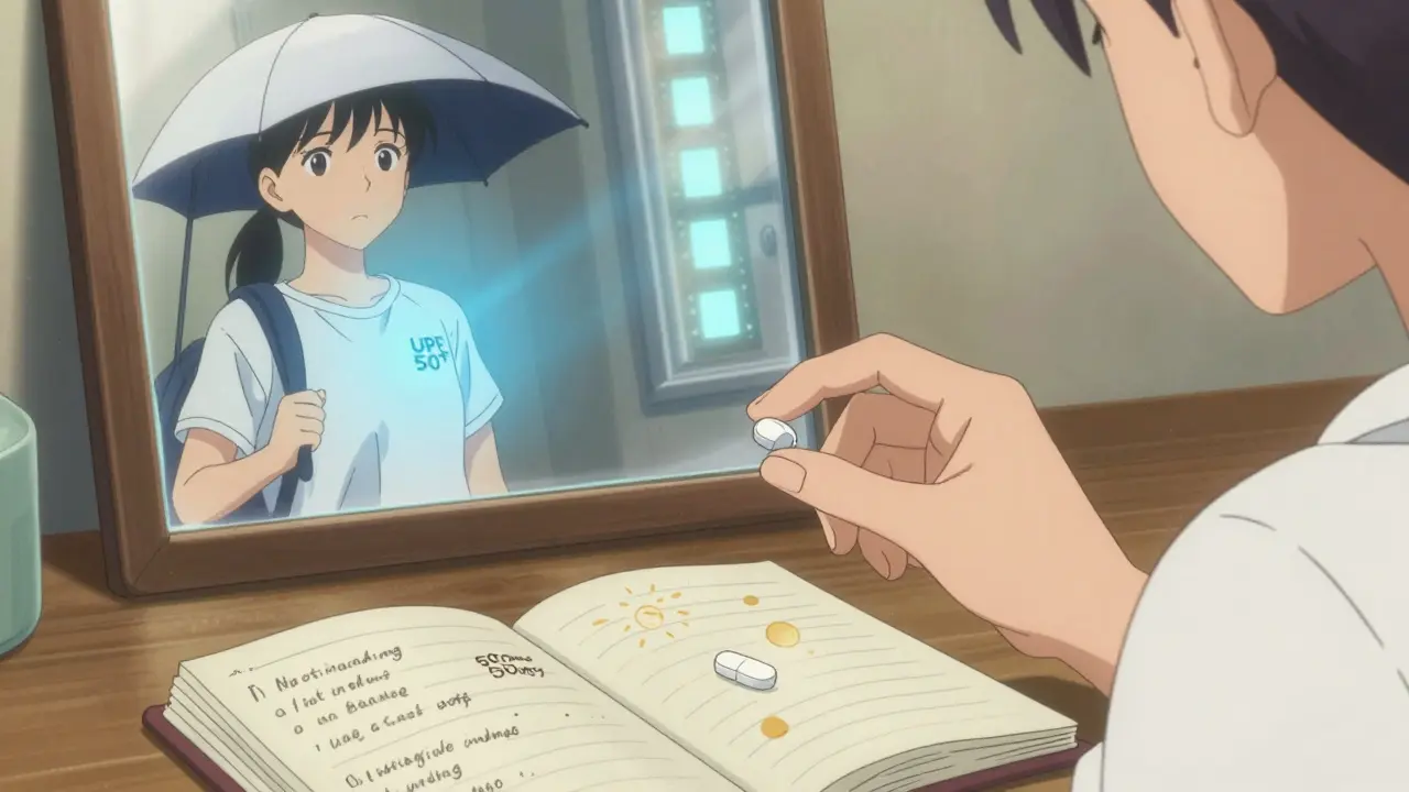 Someone taking vitamin B3 pills beside a mirror showing their sun-protected reflection and a UV-filtered window.