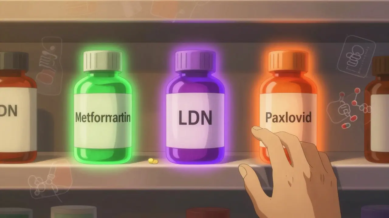 Three medication bottles with colored auras, a hand reaching toward one, surrounded by ghostly images of side effects.