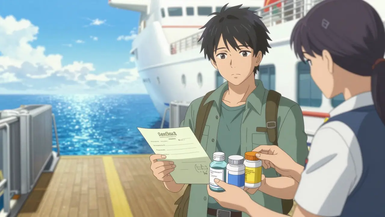 Traveler presenting medication documents at cruise port boarding gate.