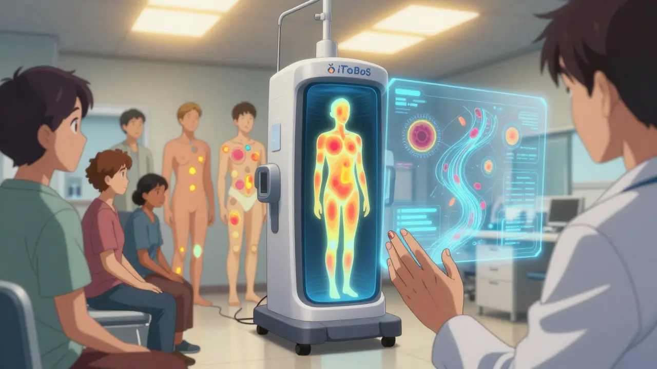 A diverse group of people undergoing a full-body skin scan with holographic AI analysis displayed above them in a clinic.