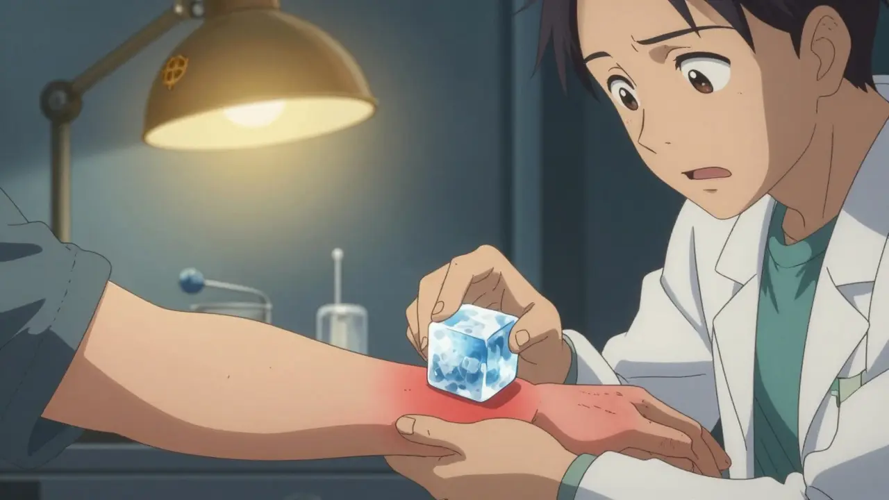 A doctor performing an ice cube test, showing a red welt forming on skin.