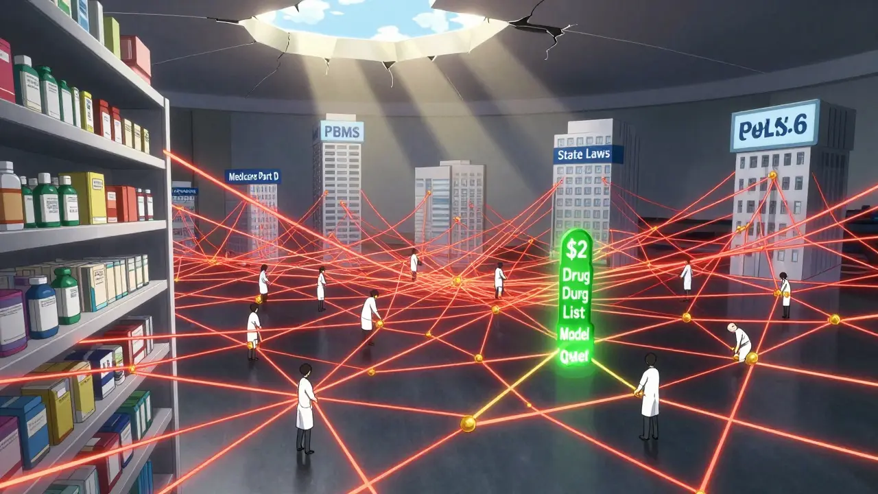 A glowing web of connections links pharmacy generics to PBMs and Medicare, with a new  model thread shining brightly.