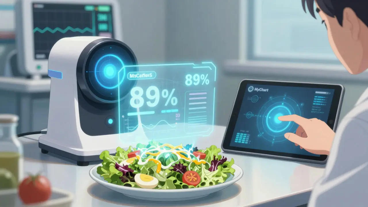 A holographic AI scanner analyzing a salad, with a hospital monitor showing stable INR levels in the background.