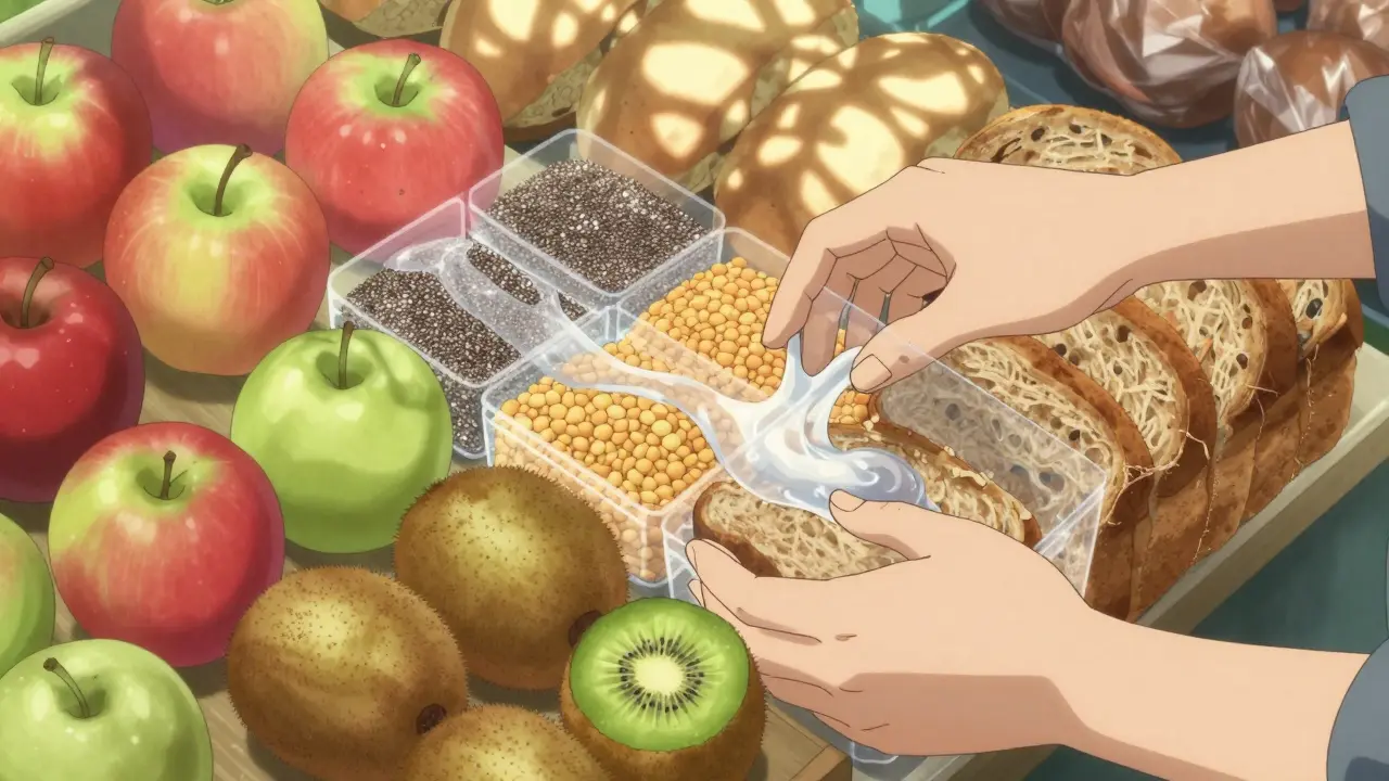 A person choosing whole foods like apples, chia, and kiwi, with translucent fiber trails visible in anime style.