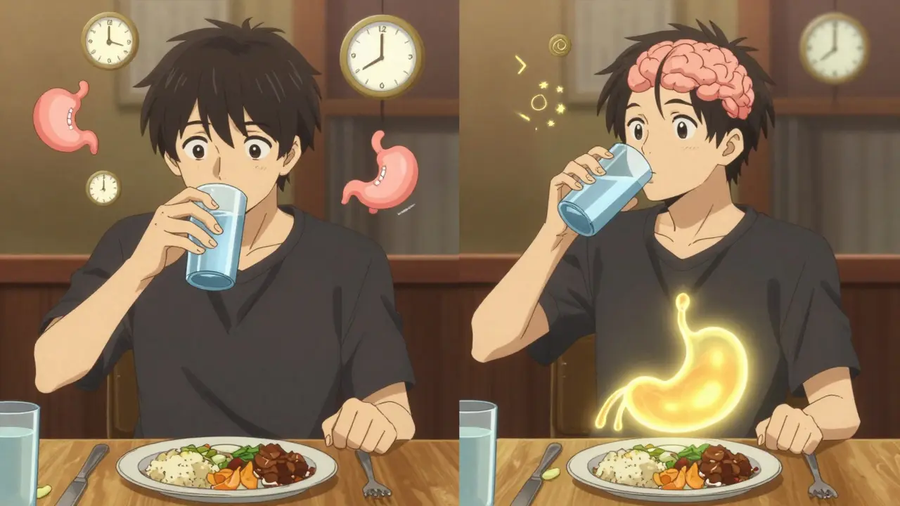 A person eating a smaller meal after drinking water before, with a glowing fullness signal from stomach to brain.