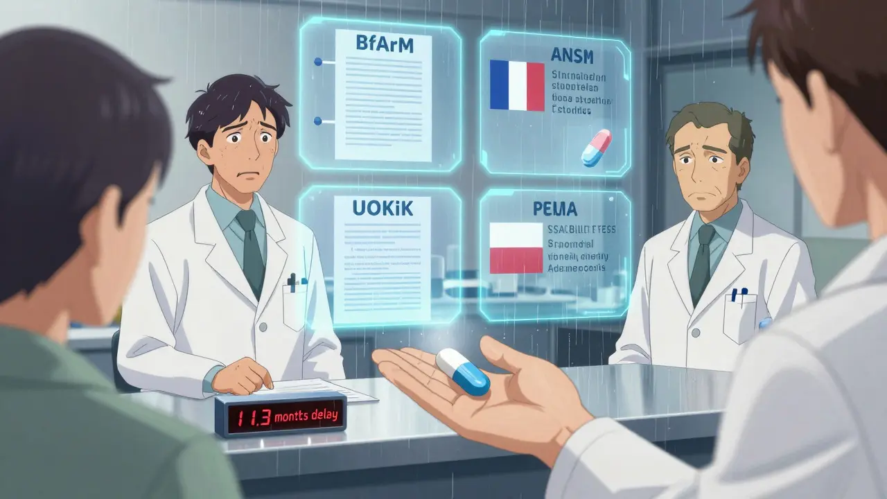 A pharmacist hands a generic pill to a patient as holograms of EU regulators argue over paperwork with a 11.3-month delay clock.