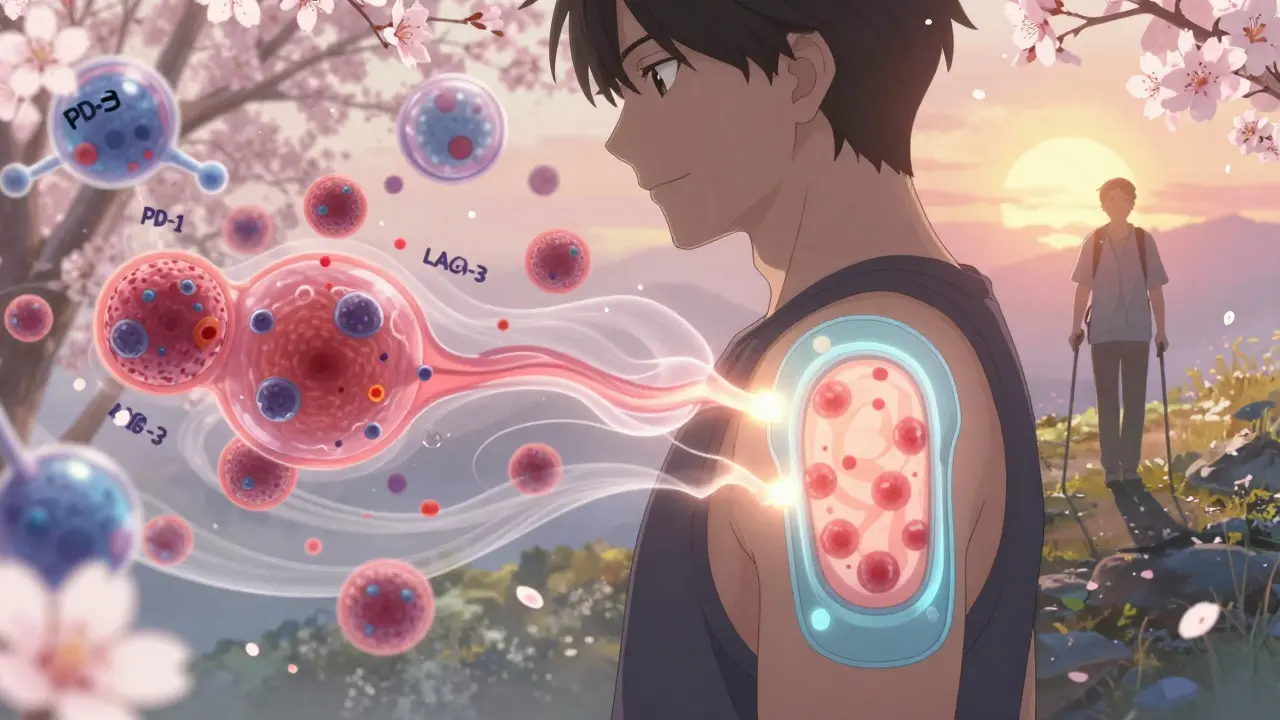 A wearable patch on skin emitting soft light, with transparent overlays showing cancerous cell detection and immunotherapy molecules floating nearby.