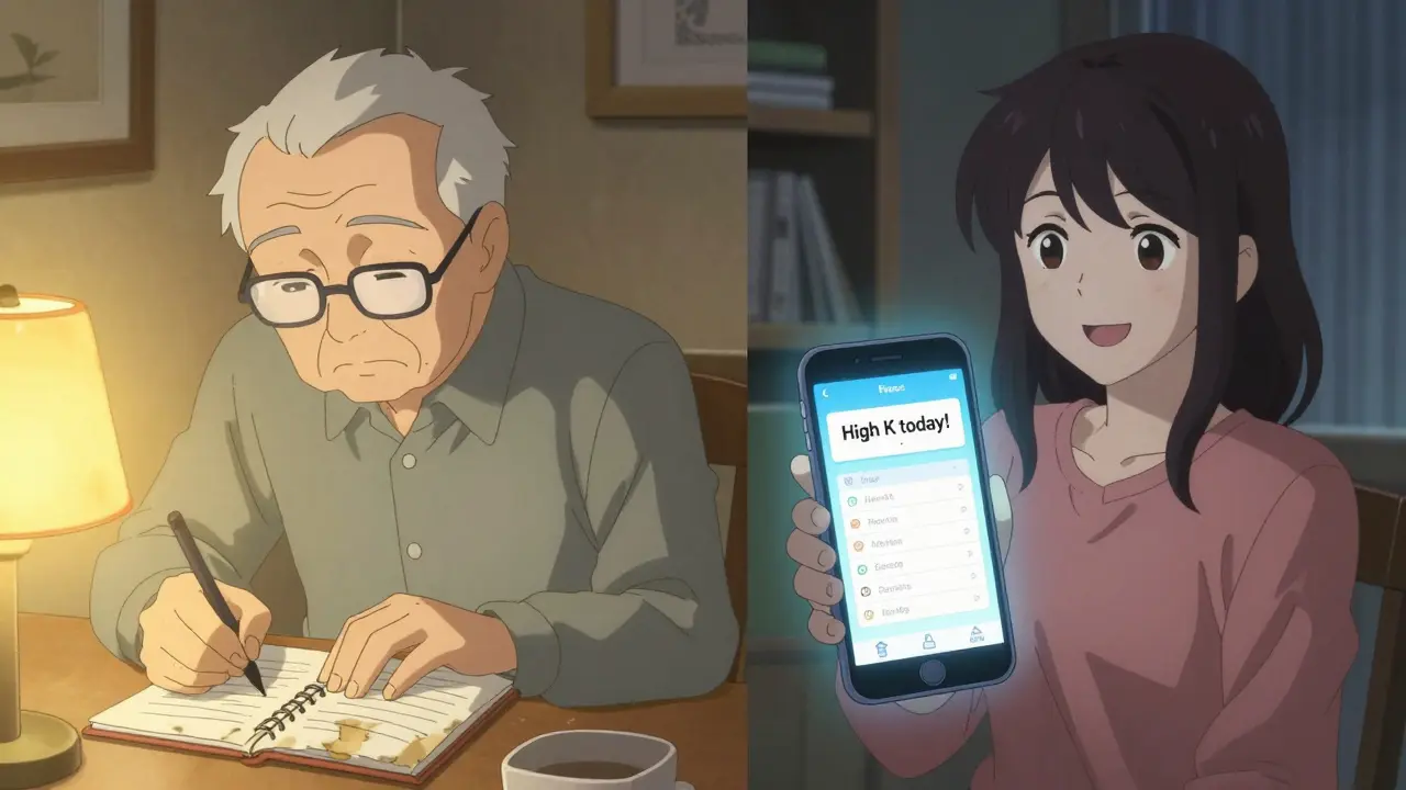 An elderly man writing in a paper diary next to a young woman using a smartphone to track vitamin K intake.