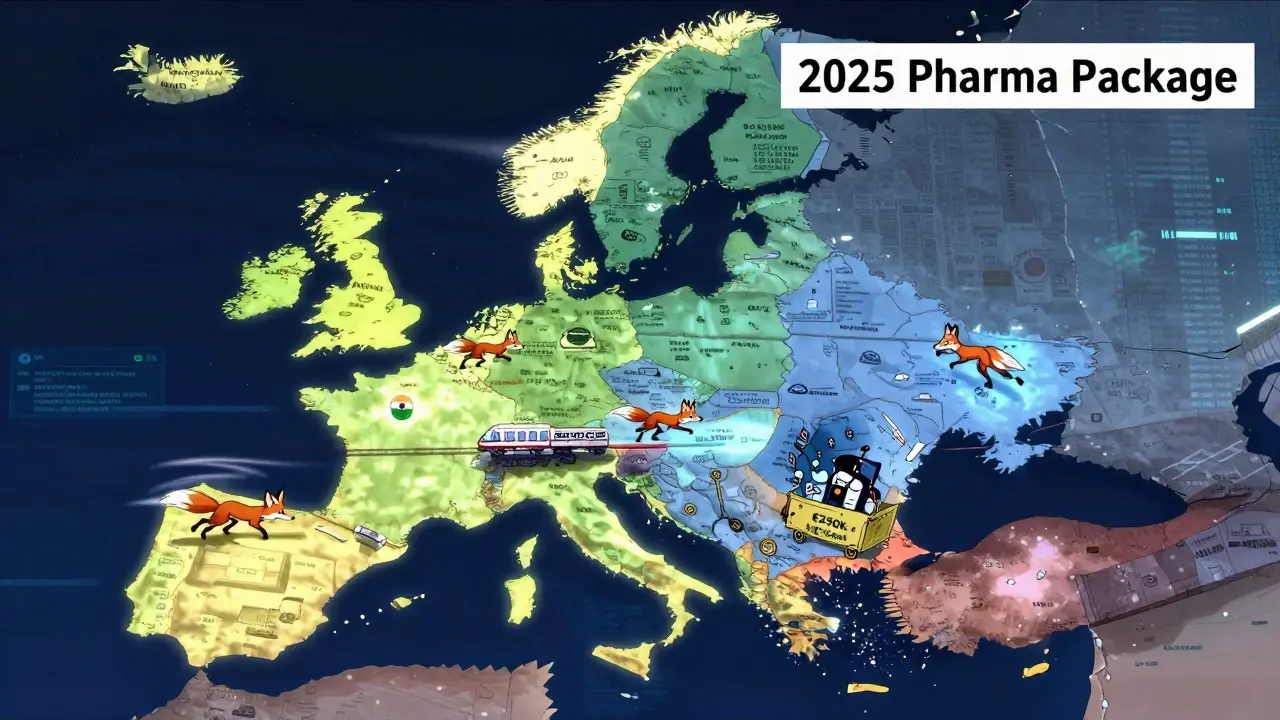 An EU map shows varying drug access speeds, with Indian companies moving fast, European firms on a train, and small firms struggling with costs.