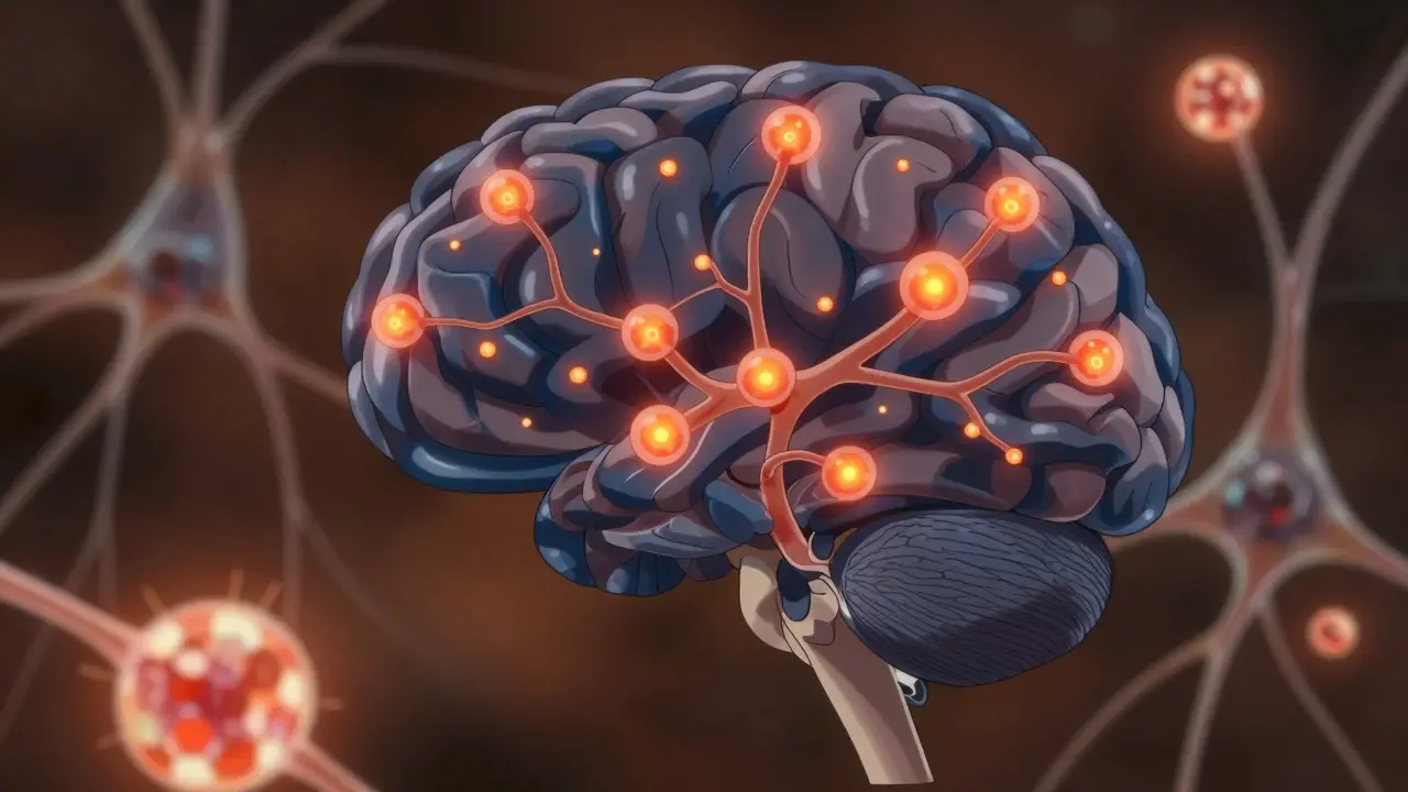 Brain illustration showing iron molecules traveling through neural pathways