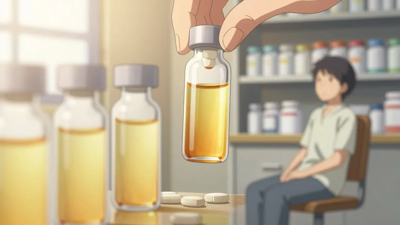 Character taking iron supplements at sunrise with medical vials