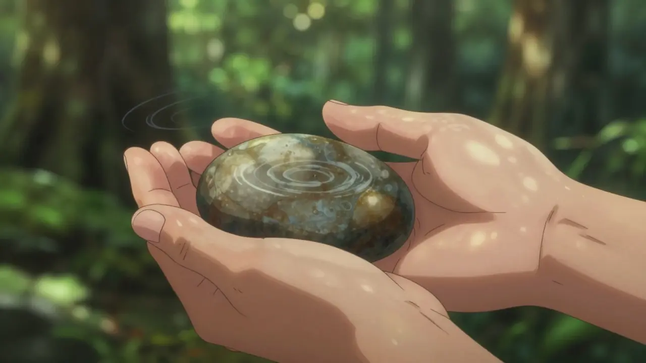 Close up of hands holding a stone in sunlit woods for grounding.