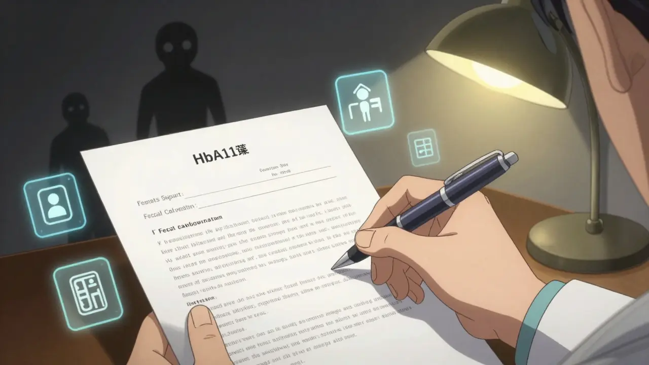 Doctor writing detailed appeal with clinical data floating as glowing annotations.