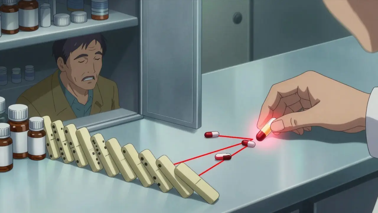 Man surrounded by overflowing pill bottles as dominoes ready to fall, contrasted with a clean medication setup.