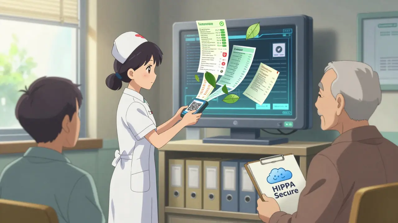 Nurse scanning QR code as medication records flow into hospital system, elderly man holds physical binder.