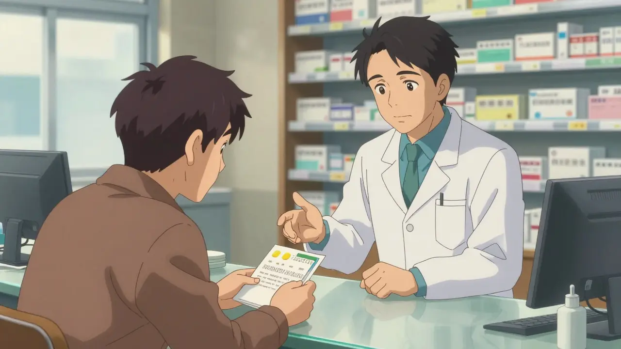 Patient reviewing package insert with pharmacist at counter.