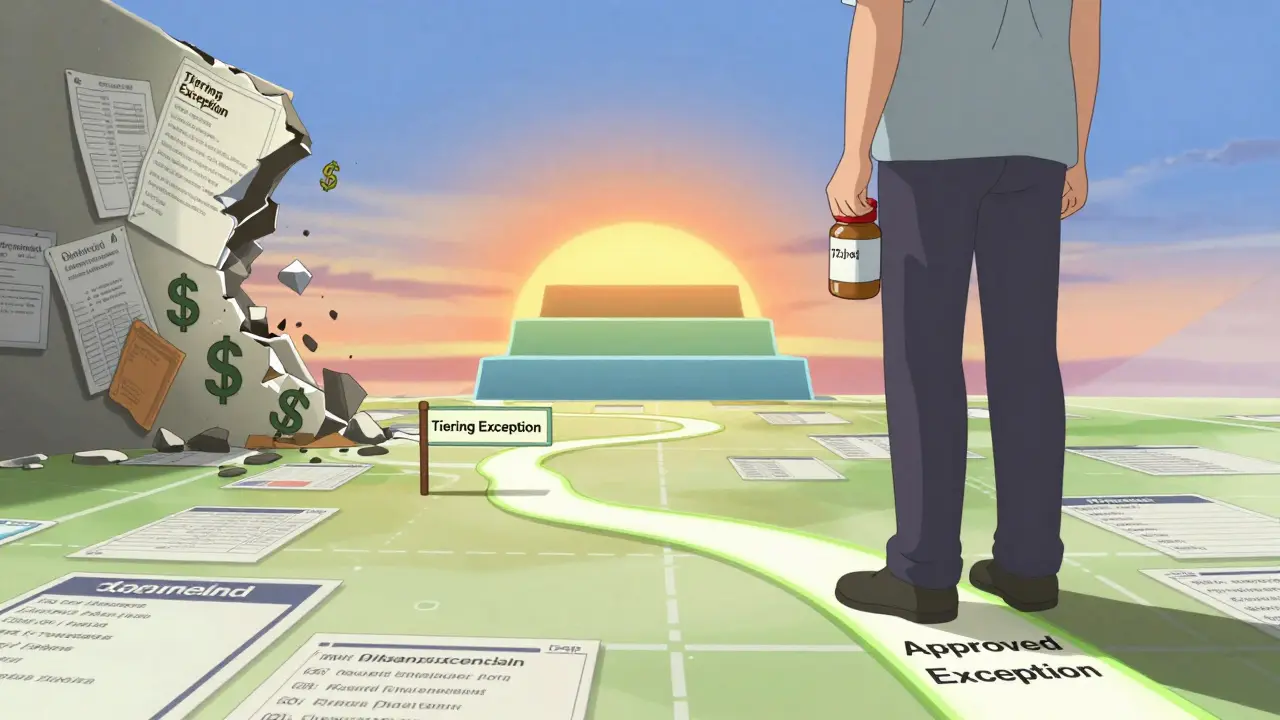 Patient stepping toward approved exception path as denied forms crumble behind them.