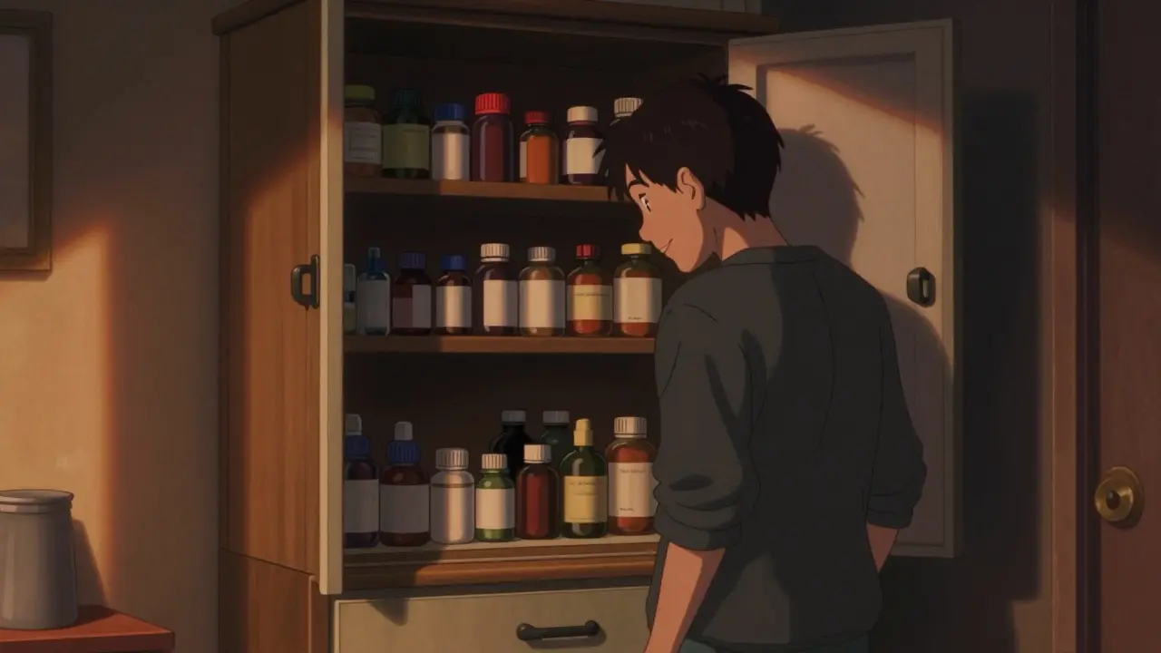 Person smiling by open medicine cabinet in warm light.