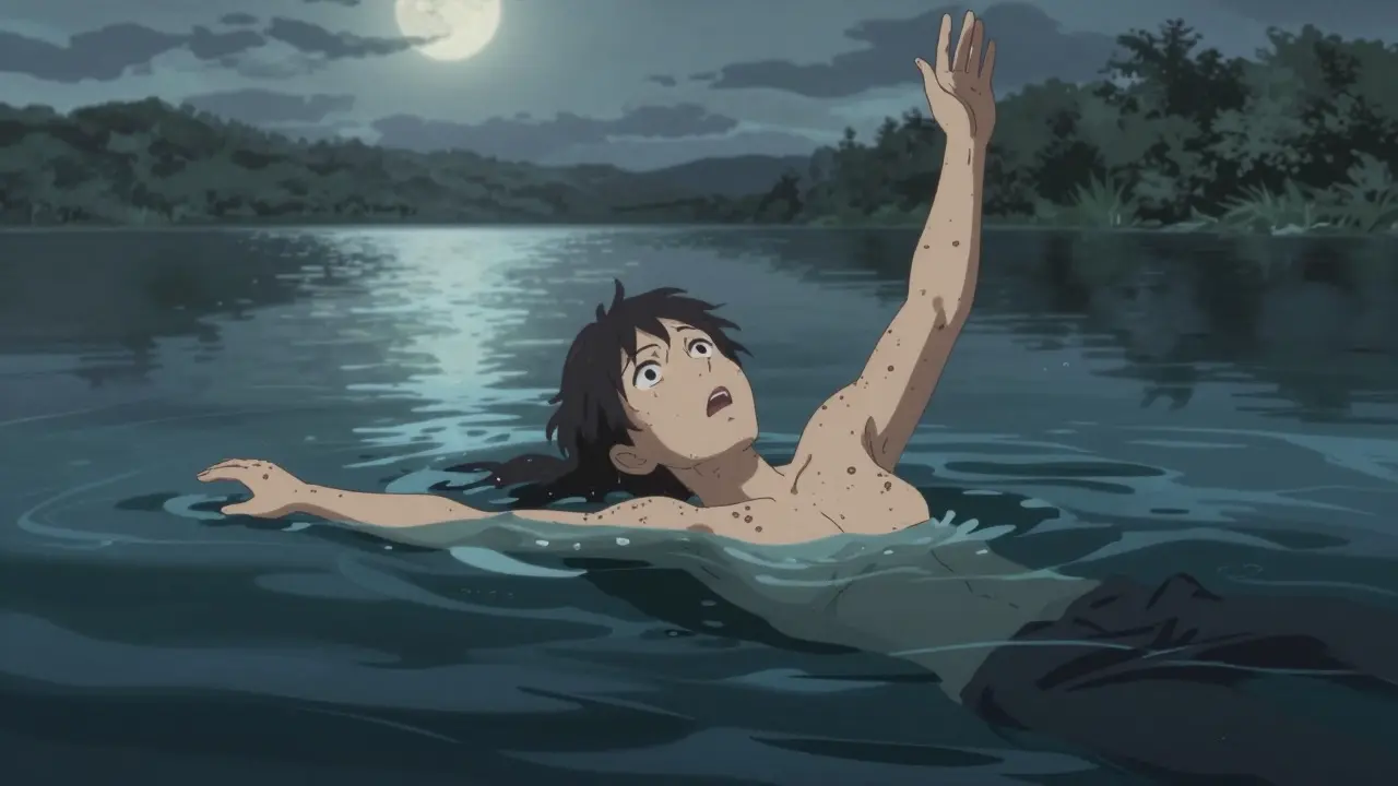 Someone swimming in a cold lake, hives spreading as they struggle to breathe.