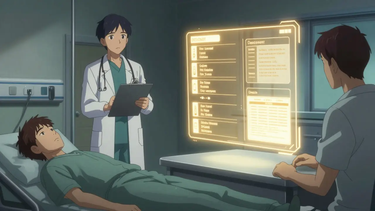 Split scene: chaotic ER vs. glowing digital medication history protecting a patient.