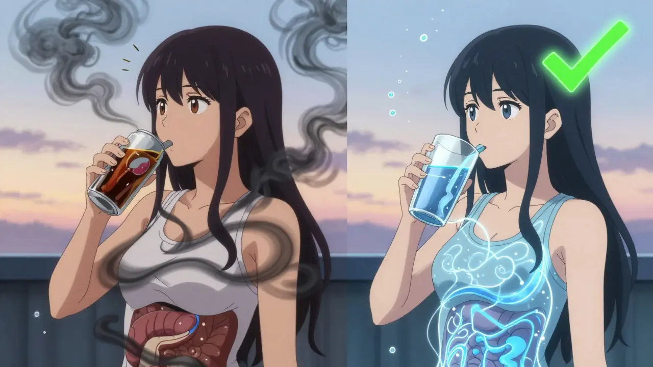 Split scene: diet soda with dark smoke causing hunger signals vs. pure water with blue light enhancing metabolism.