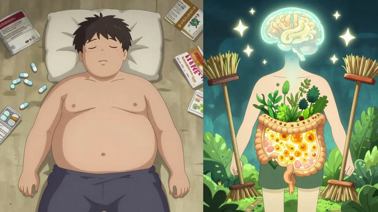 Split scene: one side bloated with pills, the other vibrant with whole foods feeding a glowing gut, in rotoscope anime style.