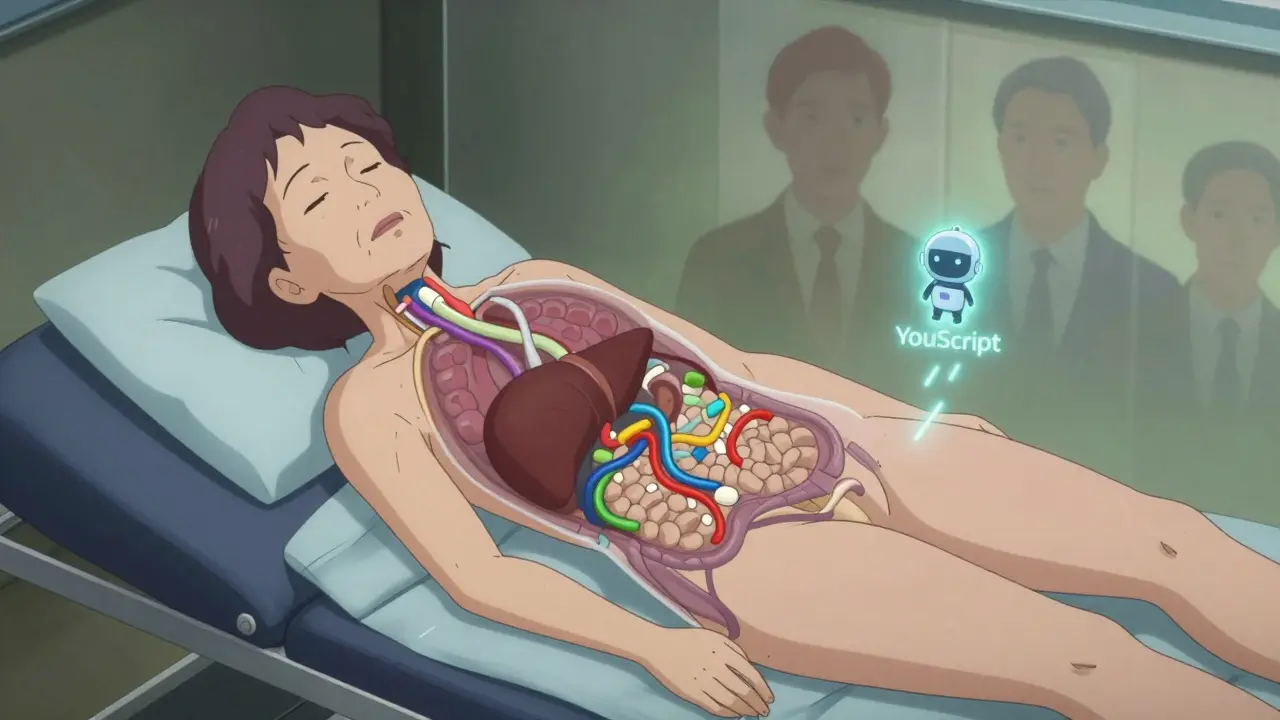 Transparent female patient showing drug metabolism streams, with faded male trial silhouettes in the background.