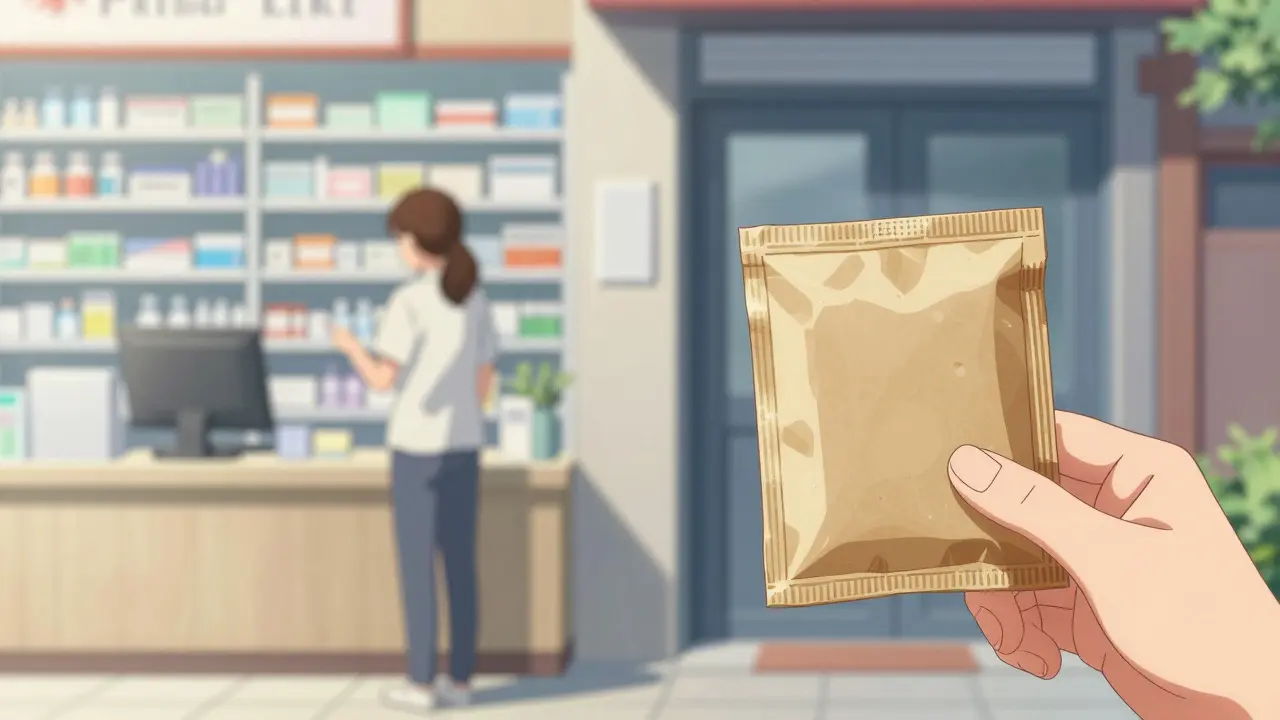 A discrete medication package delivered to a residential doorstep in a bright setting.