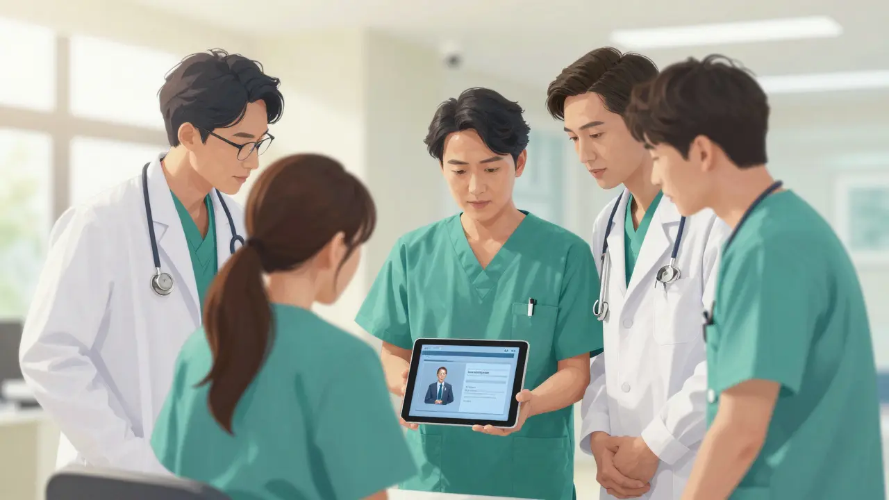 A multidisciplinary medical team providing integrated care to a patient in a modern clinic.