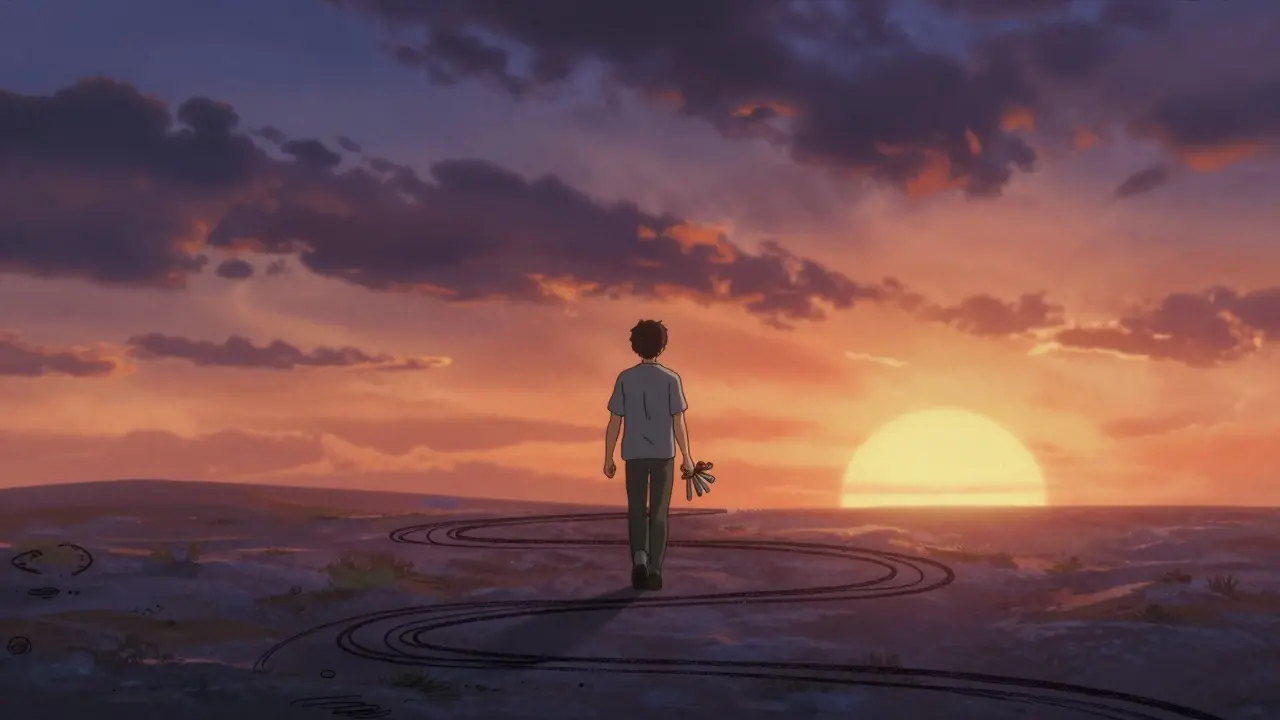 A person walking a winding, scribble-like path toward a bright sunrise, symbolizing recovery.