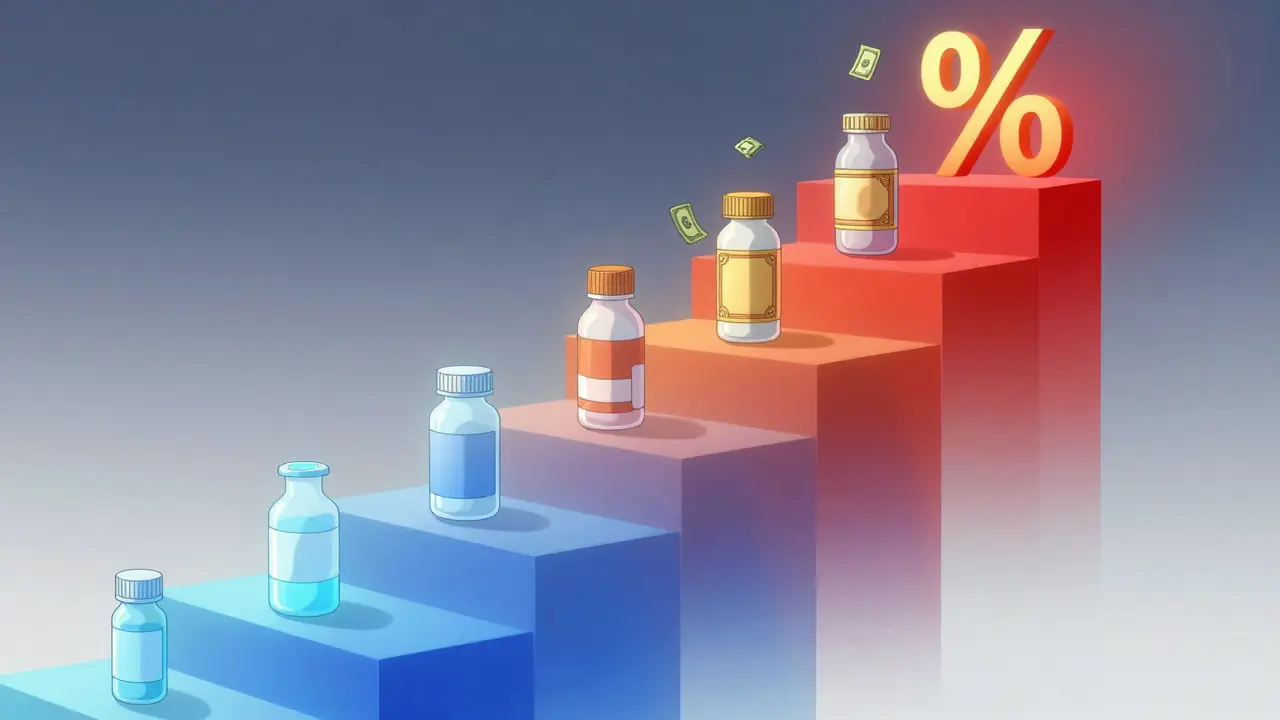 Conceptual anime illustration of drug insurance tiers as rising steps with increasing costs