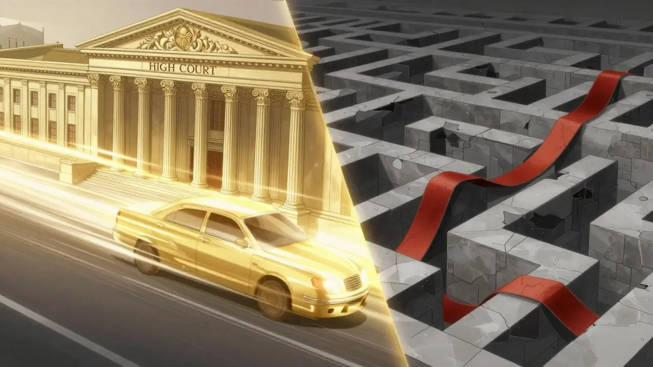 Conceptual anime split-screen comparing efficient legal paths versus bureaucratic labyrinths.