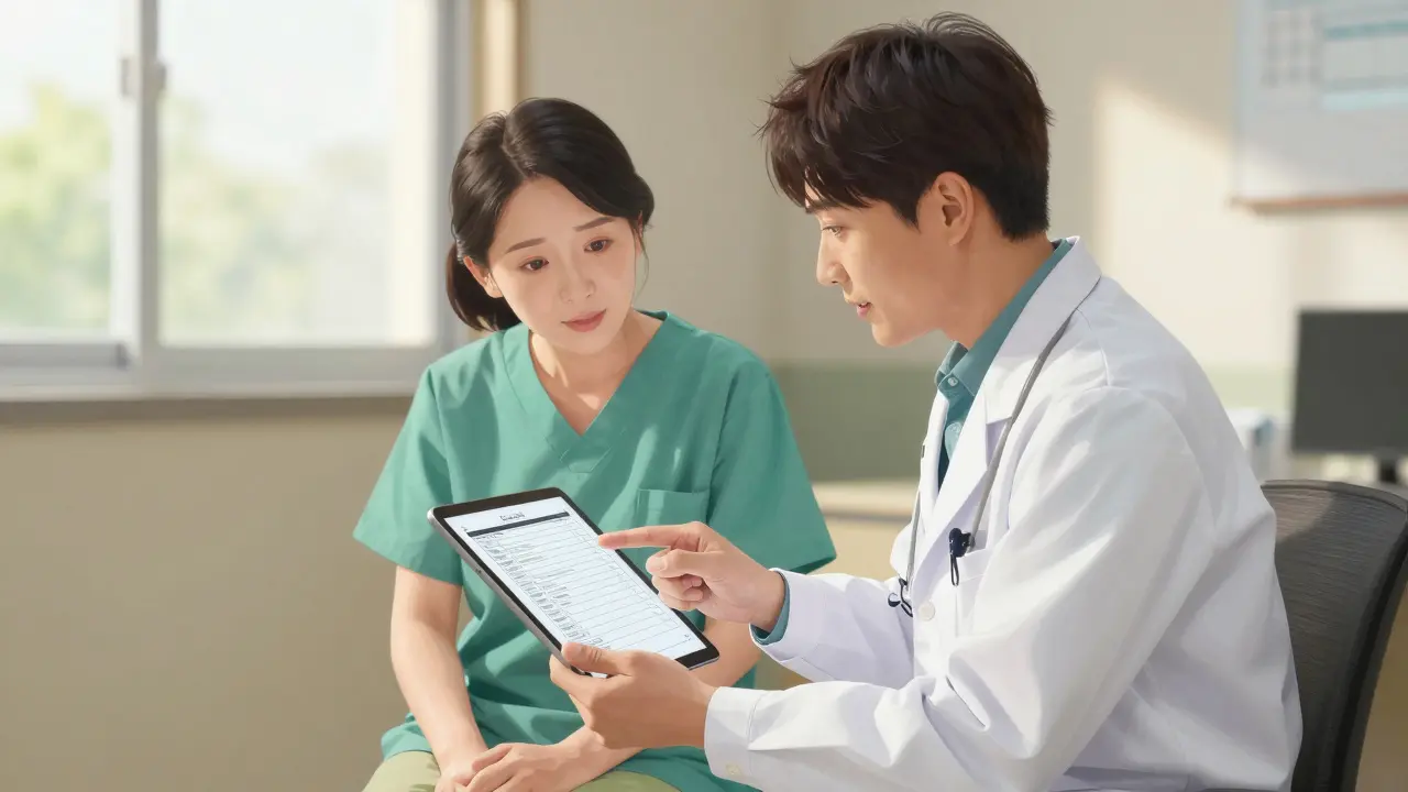 Doctor and patient reviewing a medication list together in a sunny office in anime style