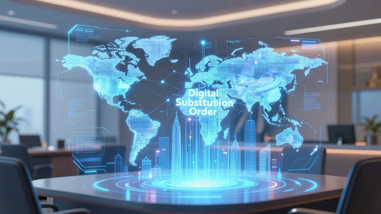 Futuristic anime depiction of a holographic blockchain interface connecting global legal systems.