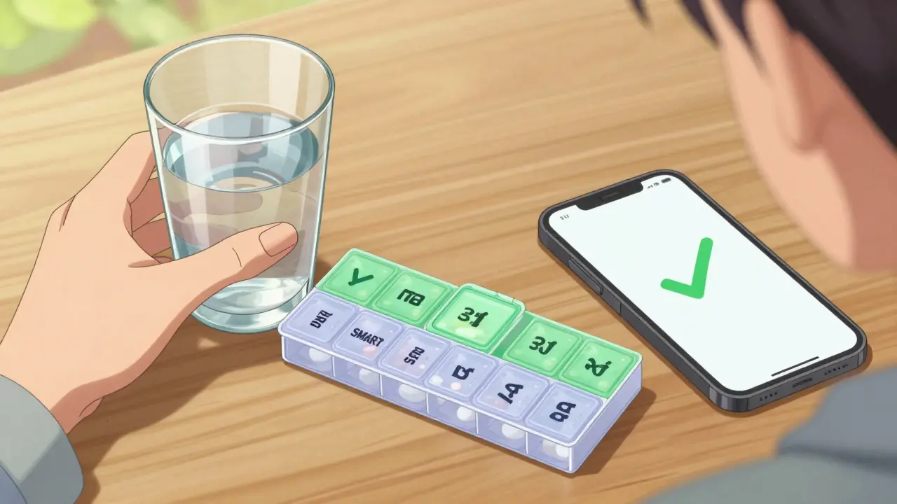 Hand with a glass of water next to a pill organizer and phone