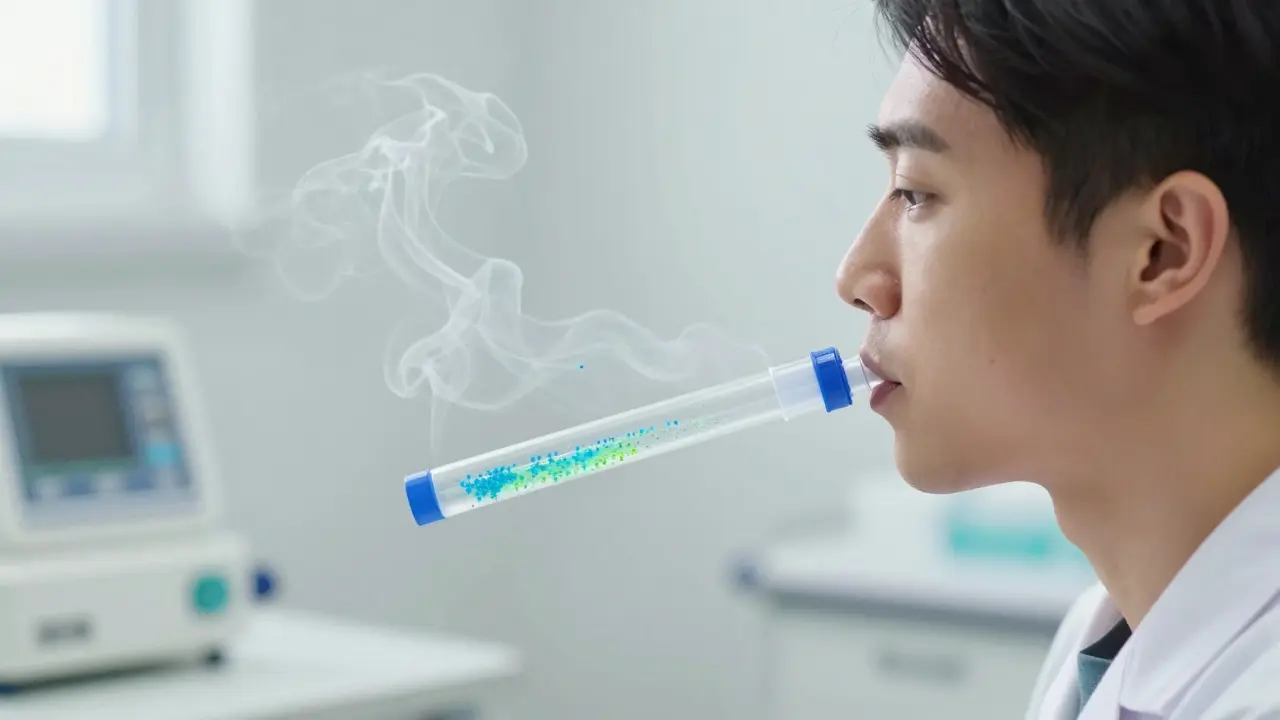 Patient in a clinic blowing into a breath test tube with visualized gas particles.