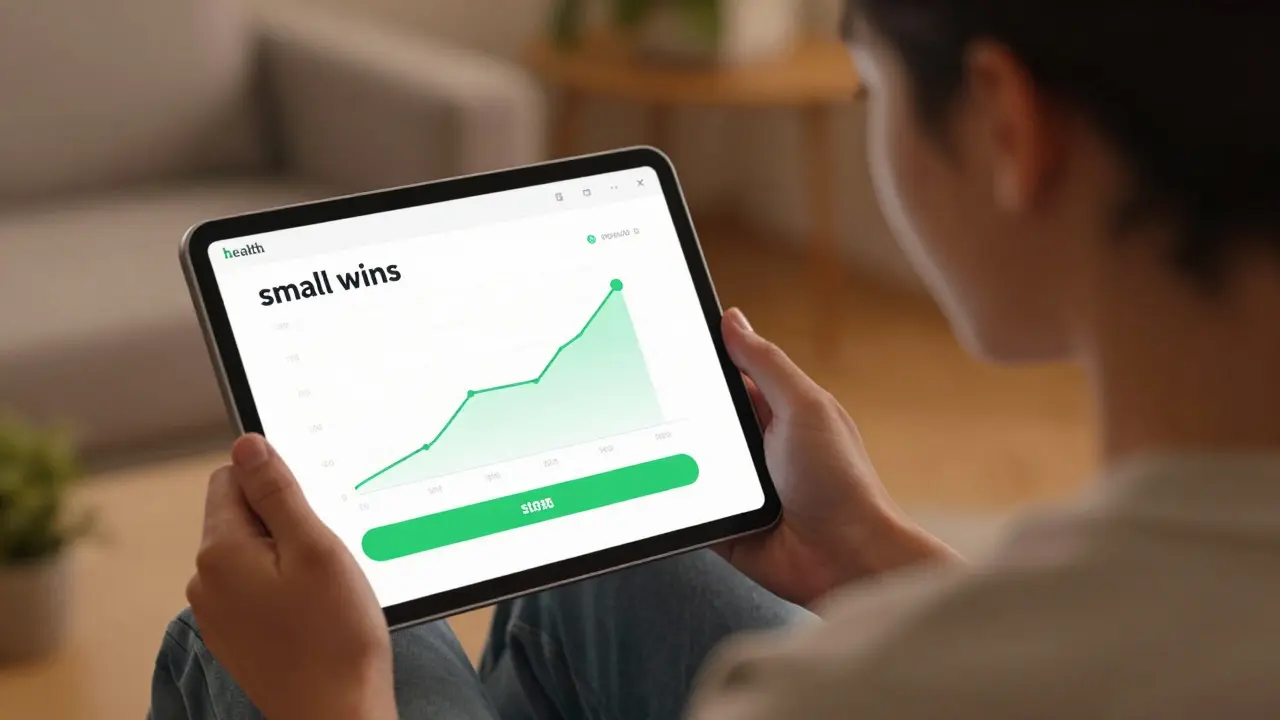 Person smiling while viewing health progress on a tablet