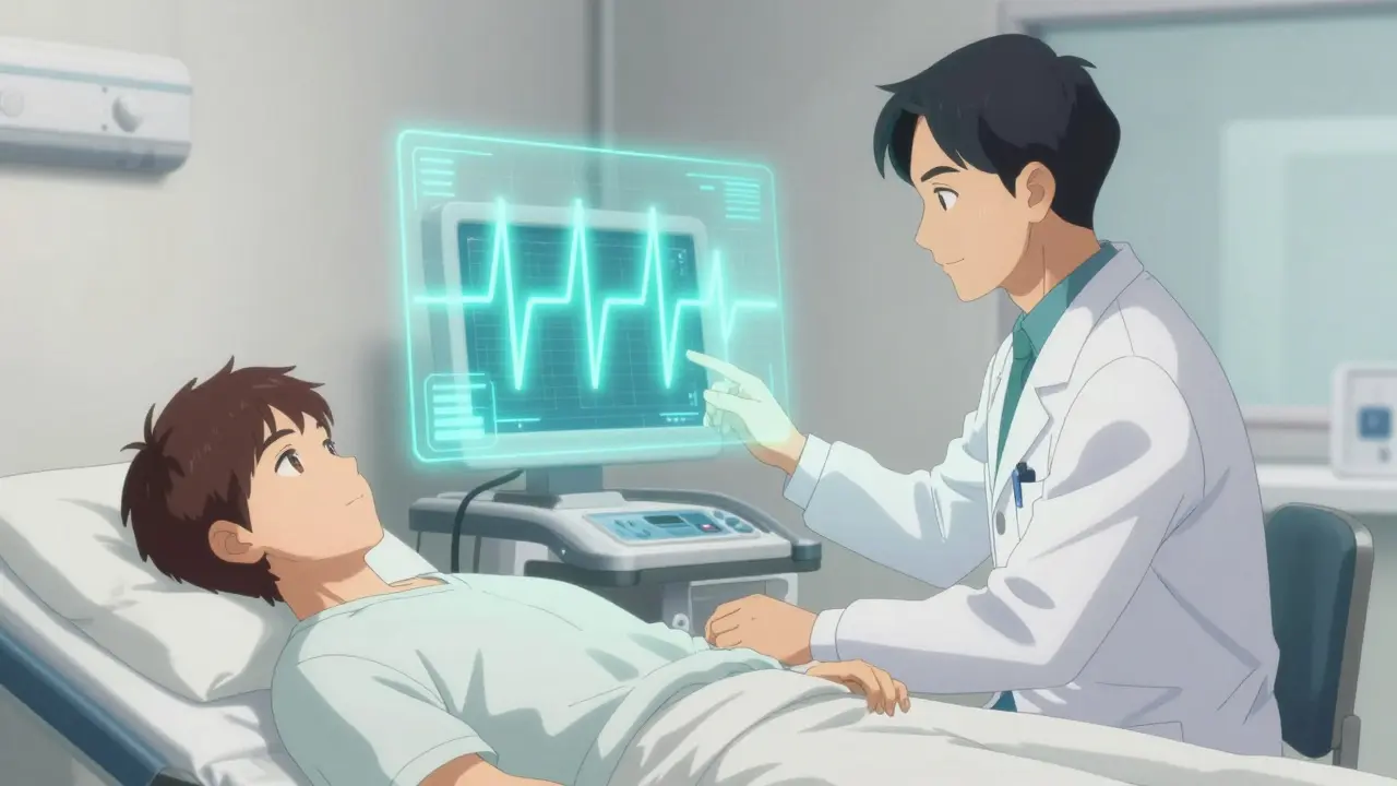 Rotoscoped anime scene of a doctor monitoring a patient with a holographic heart rhythm projection.